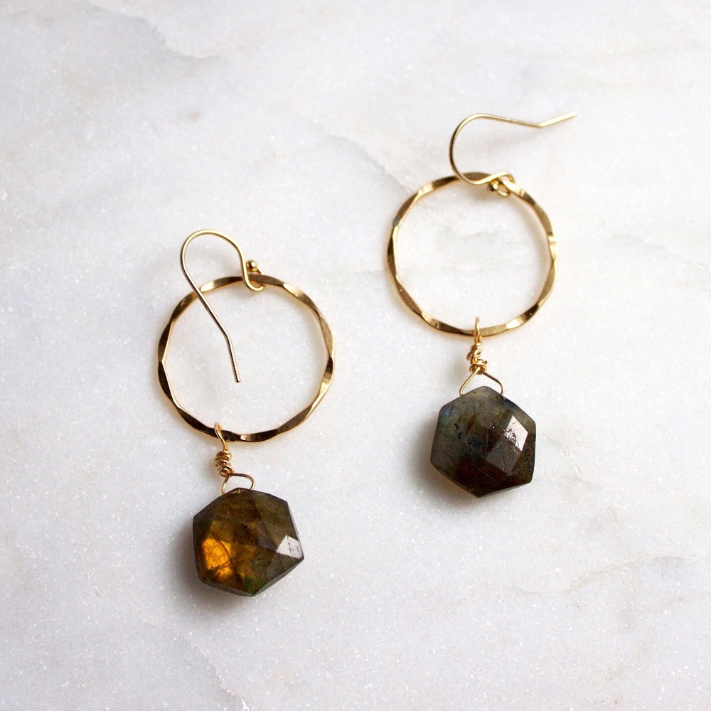 Gold Fill Hammered Ring Labradorite (multicolored stone) Drop Earrings